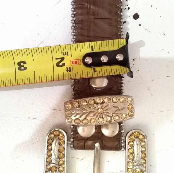 Leather Belt Brown Croc Silver Tone Gold, Amber Rhinestones Fleur De Les 40\